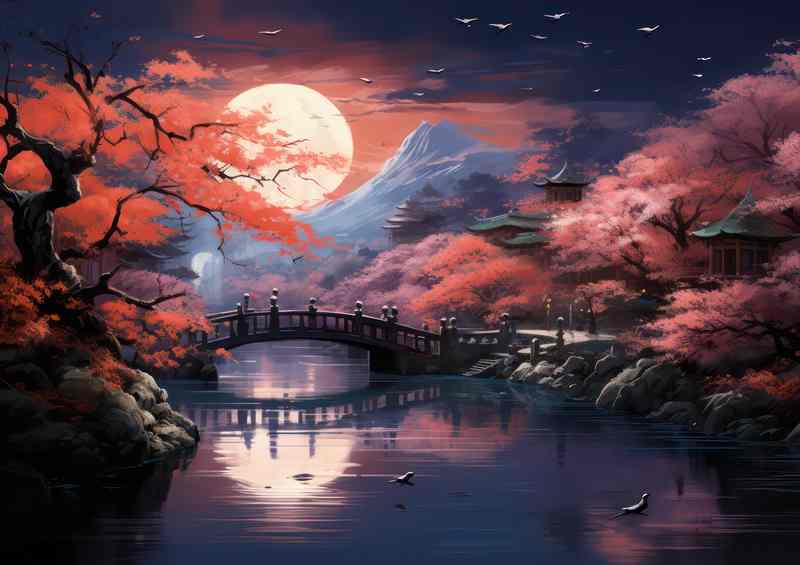 Lakeside Legends Bridges Amidst Blossoms | Canvas