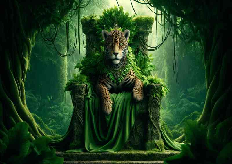 Sovereign Jaguar draped in a cloak of deep green leaves | Poster