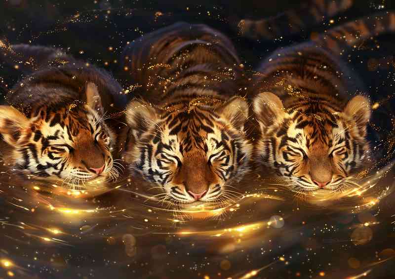 Three tiger babies are floating in some golden water | Di-Bond
