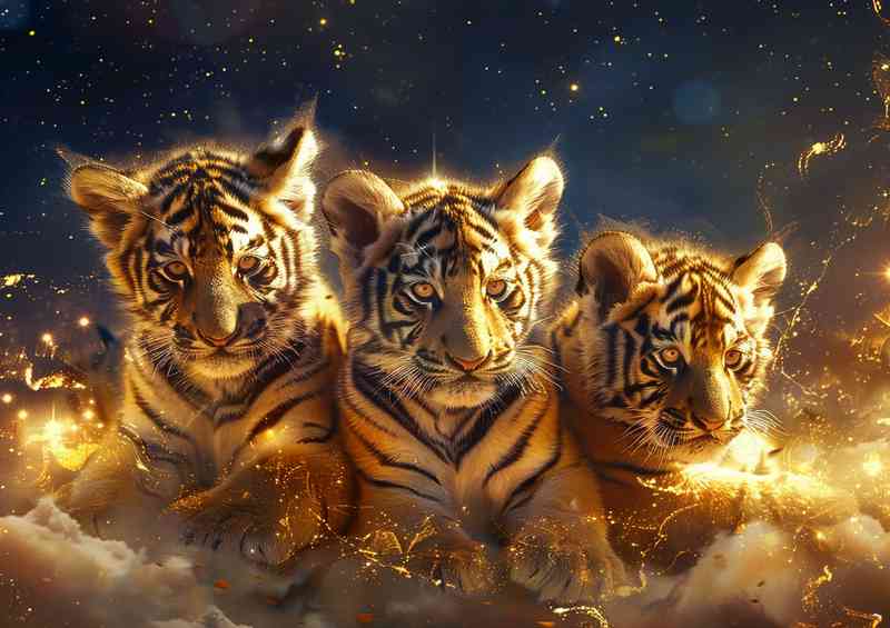 Tiger cubs in golden light in the night sky | Poster