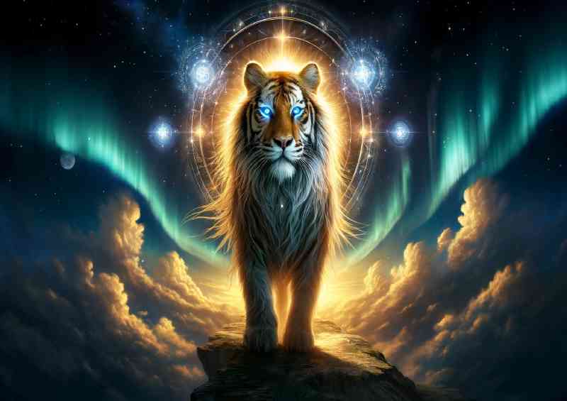 Tiger fur aglow with golden light standing on a cliff under a starry sky | Di-Bond