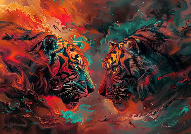 Tigers with lions eyes in flame | Metal Poster