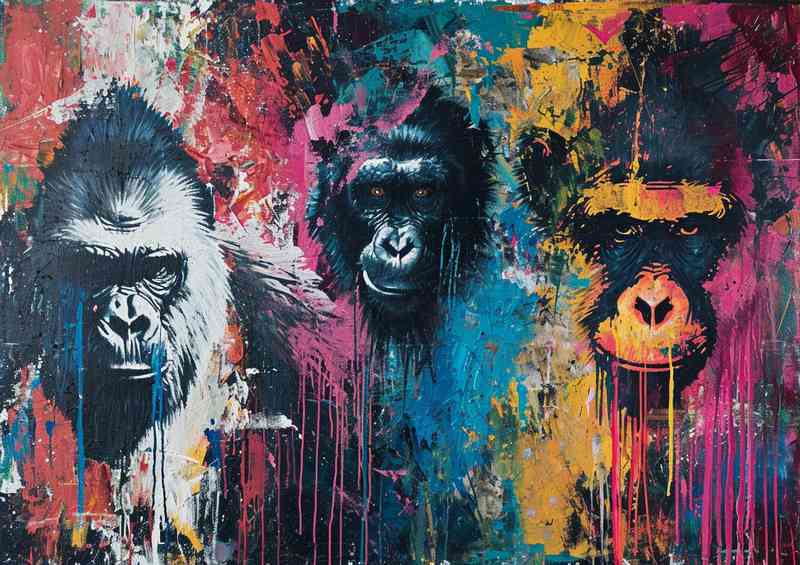 Trio of gorillas in a splashed art style | Canvas