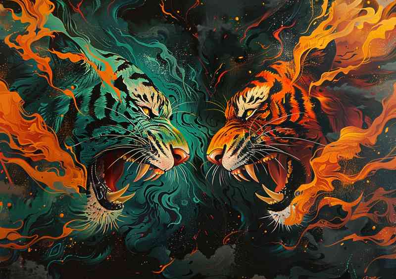 Two Tigers facing each other orange and green | Canvas
