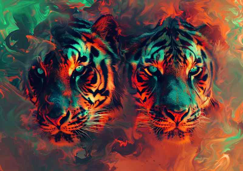 Two Tigers in flames with blue eyes | Poster