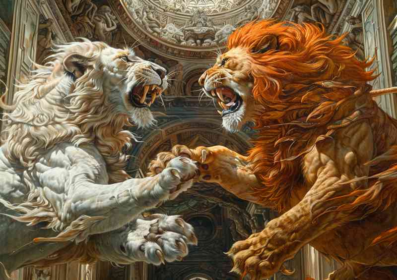 Two big Lions fighting inside an ancient temple | Poster