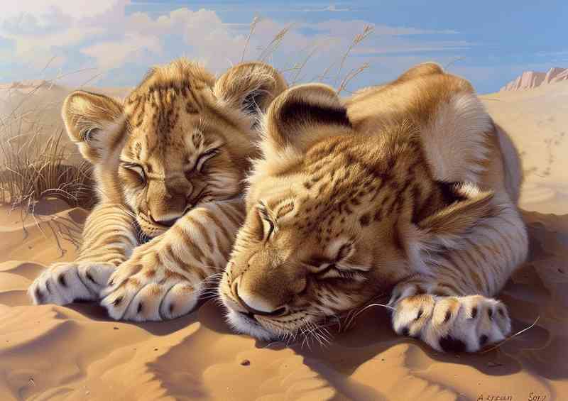Two lion babies laying in the desert | Di-Bond