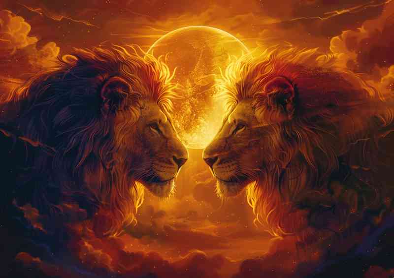 Two lions and a sun in the style of fantasy | Canvas