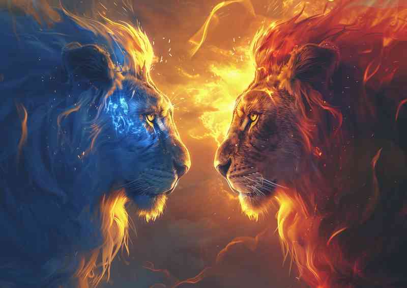 Two lions and a sun in the style of fantasy worlds | Metal Poster