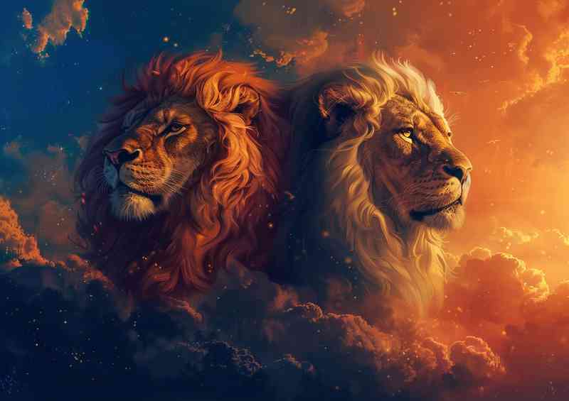 Two lions in the style of mystical sky | Metal Poster