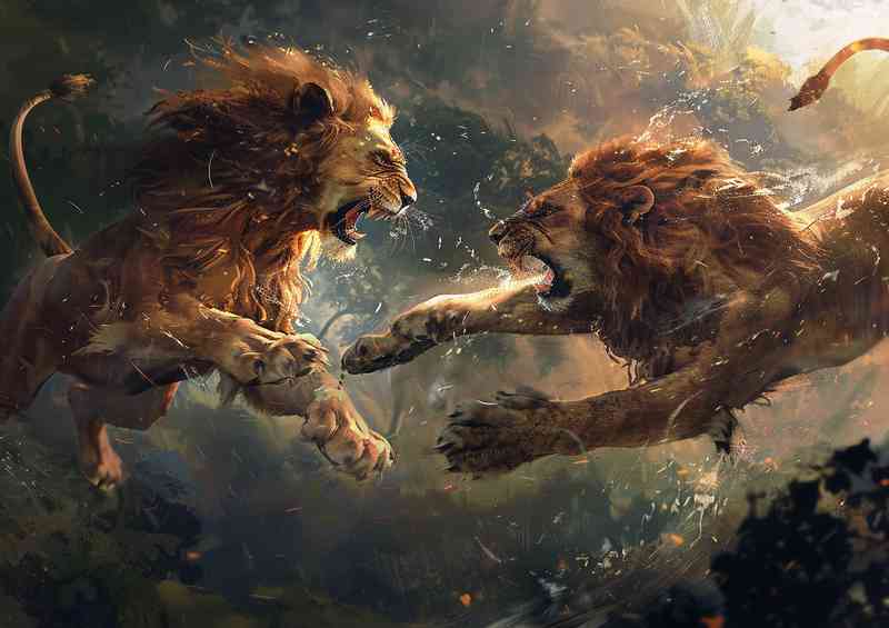 Two lions that are fighting in the air | Metal Poster