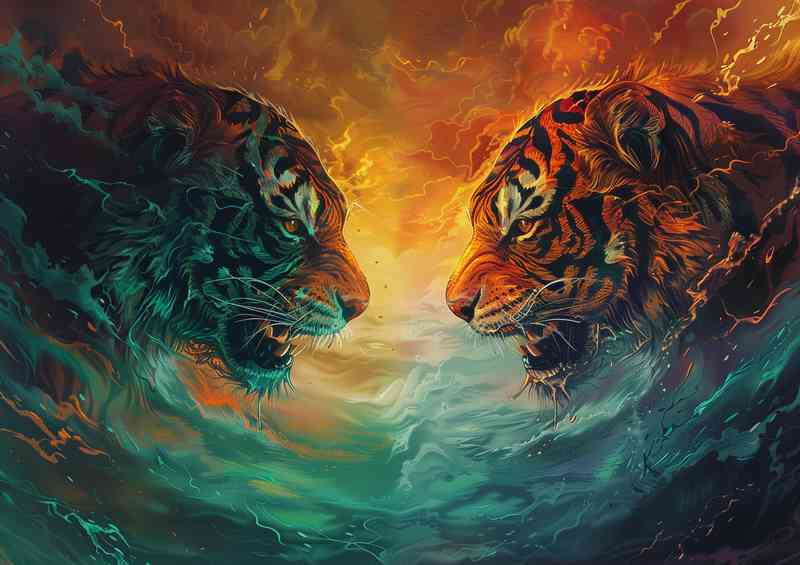 Two monster tigers facing each other in a storm | Poster
