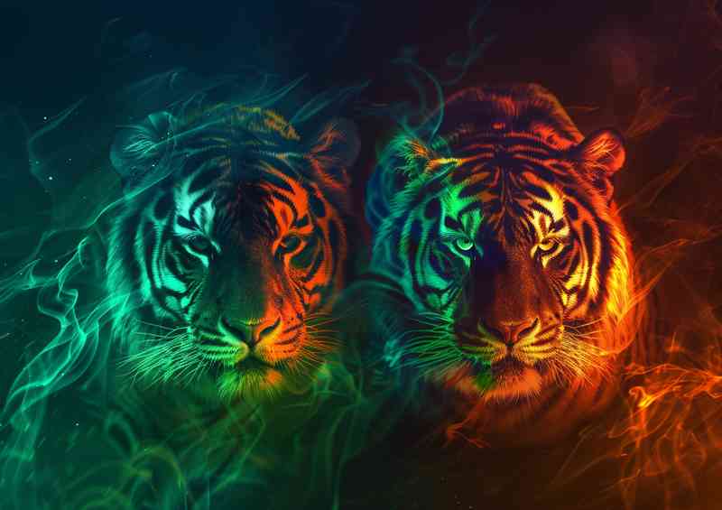 Two tigers in fire and green are standing | Canvas