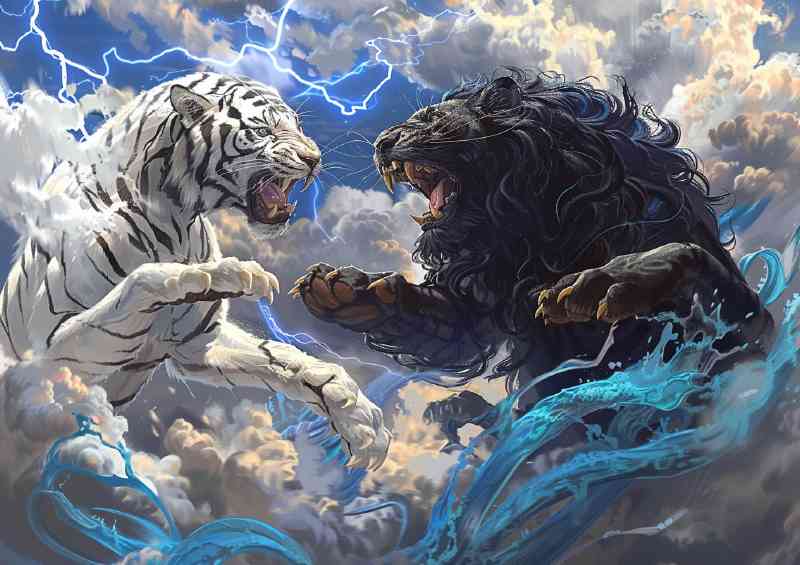 White Tiger and black Lion Fighting fierce | Poster