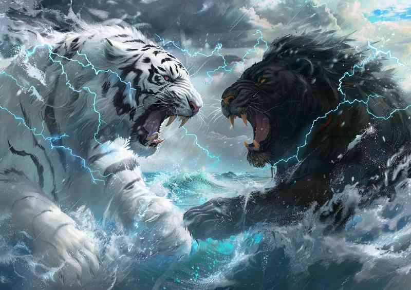 White Tiger and black Lion Lightning | Poster