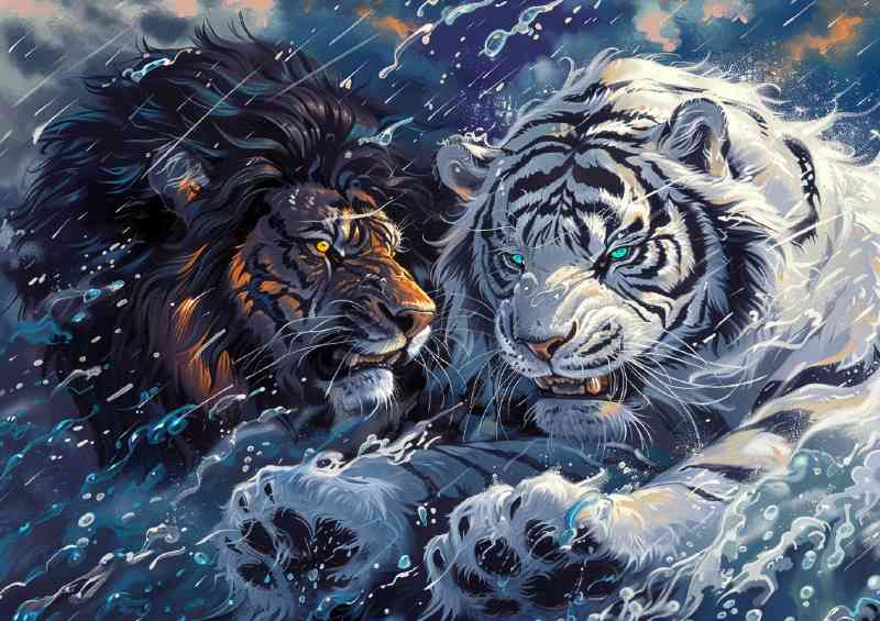 White Tiger and black Lion fierce expression | Di-Bond