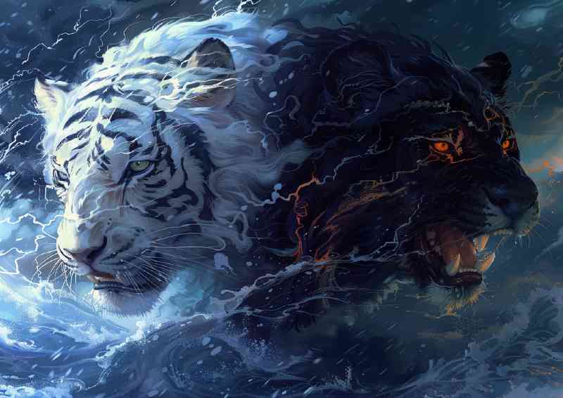 White Tiger and black Lion fierce storm | Canvas
