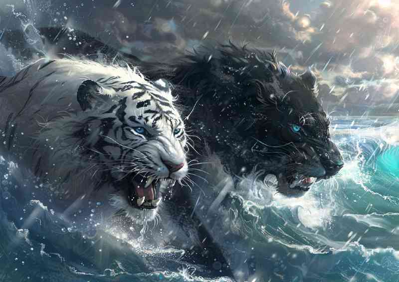 White Tiger and black Lion in water | Canvas