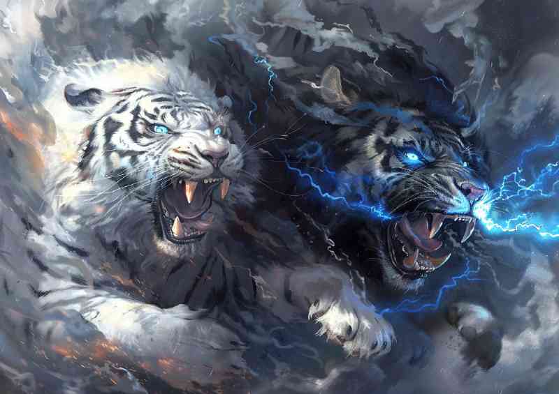White Tiger and black Lion roaring | Canvas