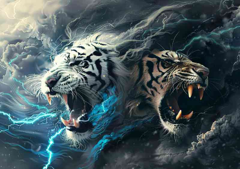White Tiger and black Lion roaring with blue light | Metal Poster