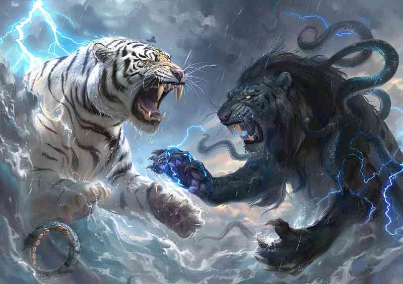 White Tiger and black Lionroaring blue lightning | Di-Bond