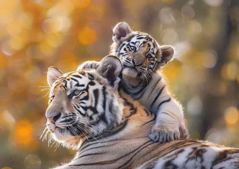 White Tiger cubs sitting on a big tigers shoulders | Canvas
