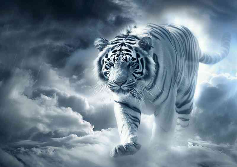White Tiger walking through the cloudy skys | Metal Poster