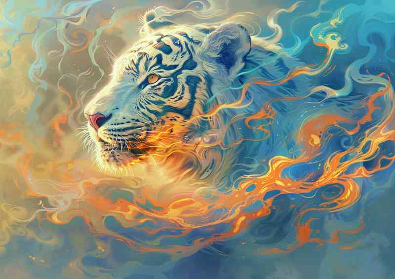 White Tiger with flames fire and steam | Metal Poster