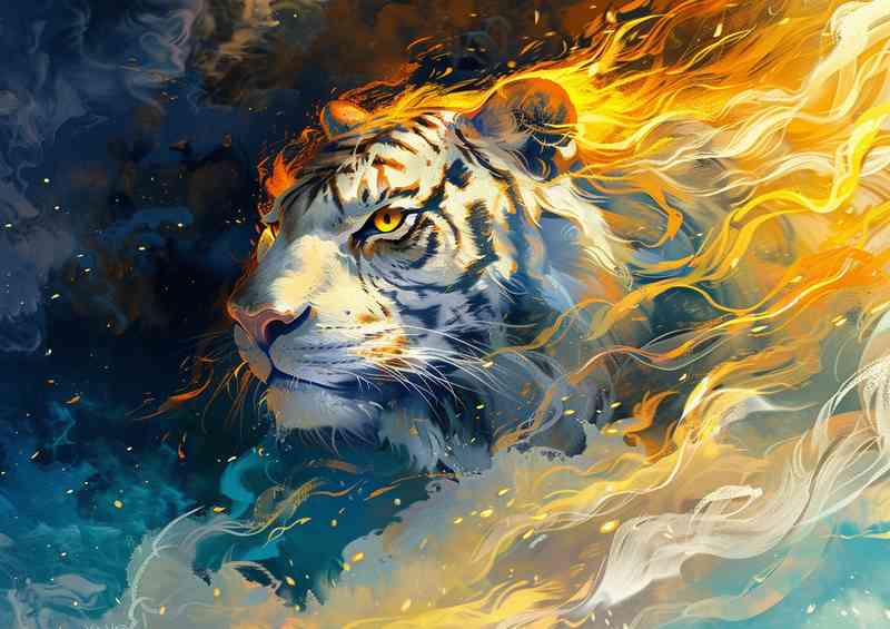 White Tigers head with blue and yellow flames | Canvas