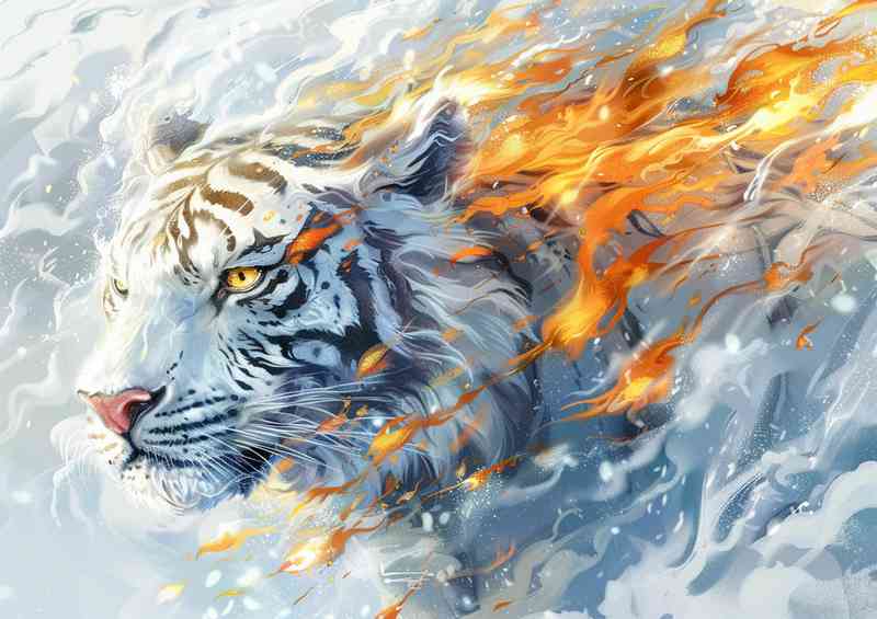 White tiger with flames fire and clouds in the sky | Canvas