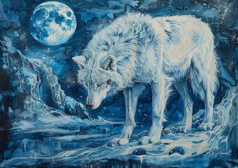 White wolf standing in front of the moon and light | Di-Bond