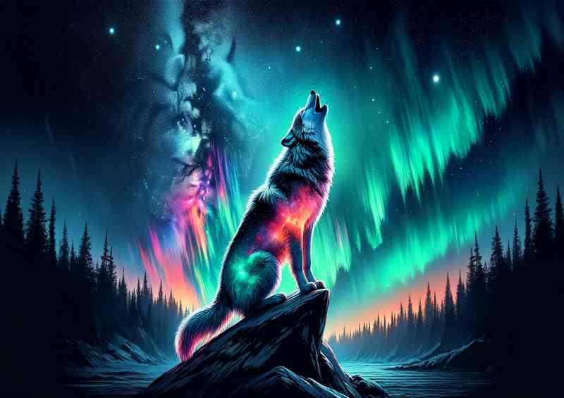 Wolf its fur a vibrant display of auroras and celestial bodies | Poster