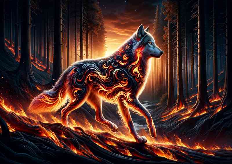 Wolf its fur patterned with swirling flames | Poster