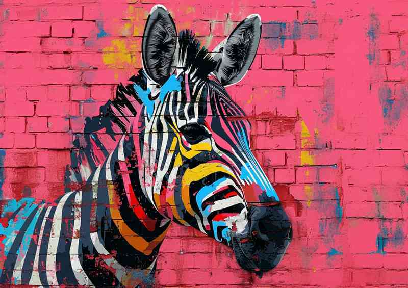 Zebra head with a variety of colors and pink background | Metal Poster