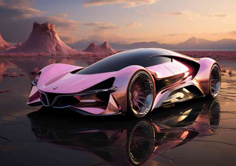 A futuristic car in pink in the desert | Metal Poster