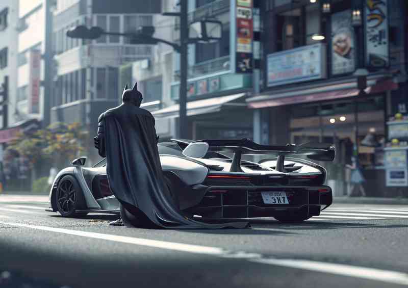 Batman in the city stands next to his supercar silver | Di-Bond
