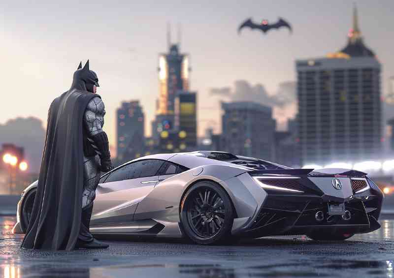 Batman standing next to his new Concept car | Metal Poster