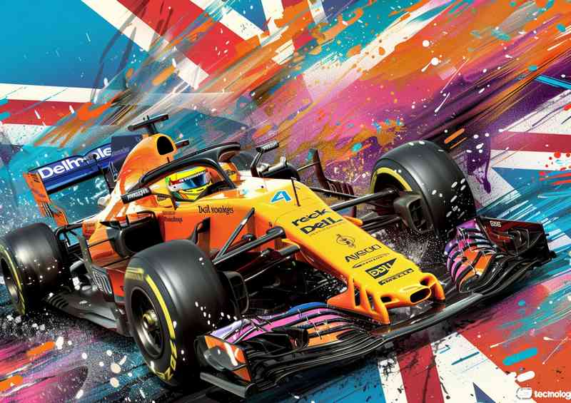Black and orange formula one car with flag | Di-Bond