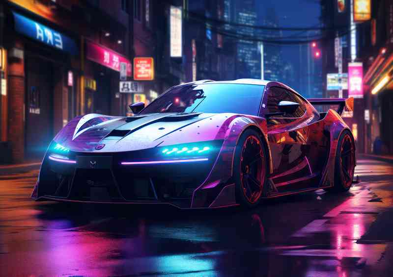 Electric sports car in an urban city at night | Poster