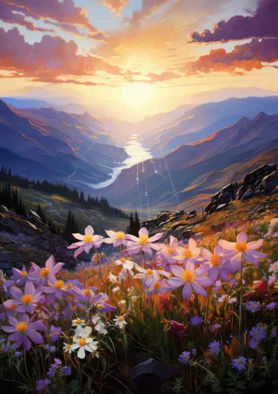 Wild columbines bloom in the mountains at sunrise | Poster