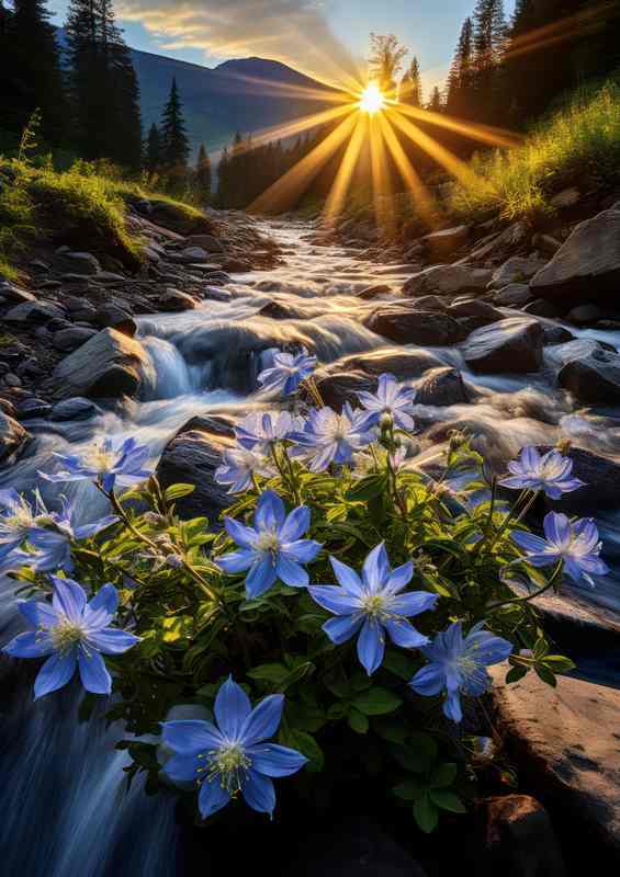 Wild flowers growing in the stream with the sun rise apearing | Canvas