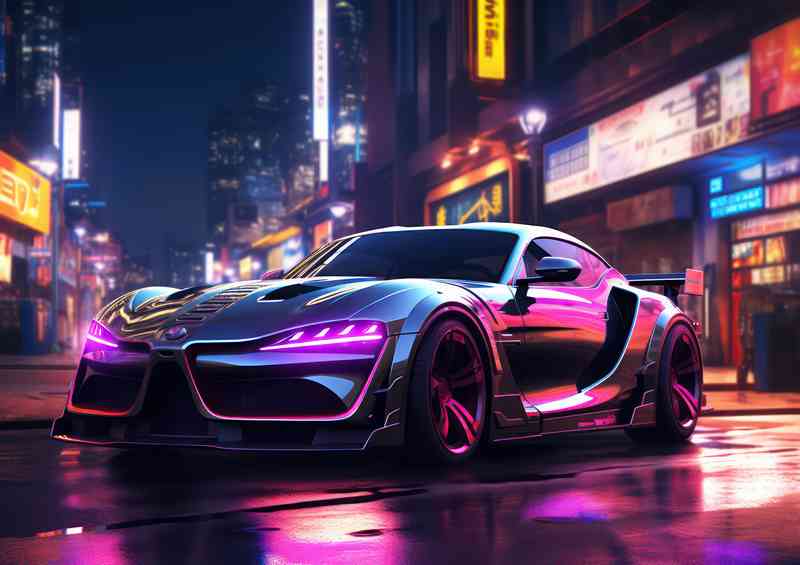 Futuristic car in the city in the style of neon | Metal Poster