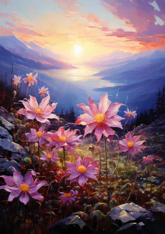 Yellow and pink flowers in the mountains | Metal Poster