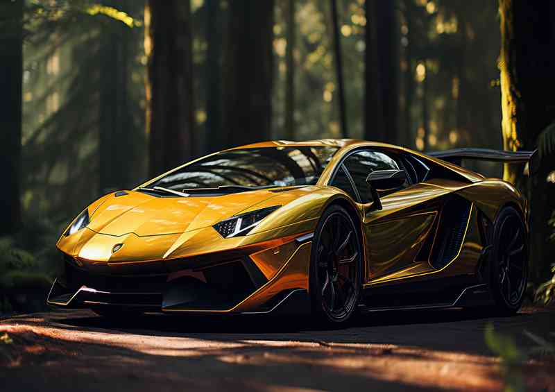 Lamborghini supercar parked next to trees | Metal Poster