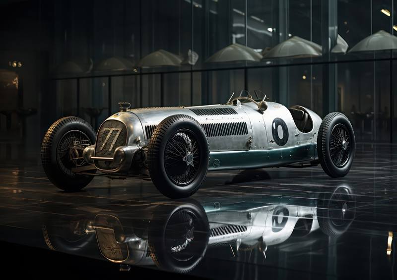 Old style open top carcing car in silver | Poster