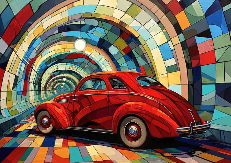 Painting style of a red car in a tunnel | Poster