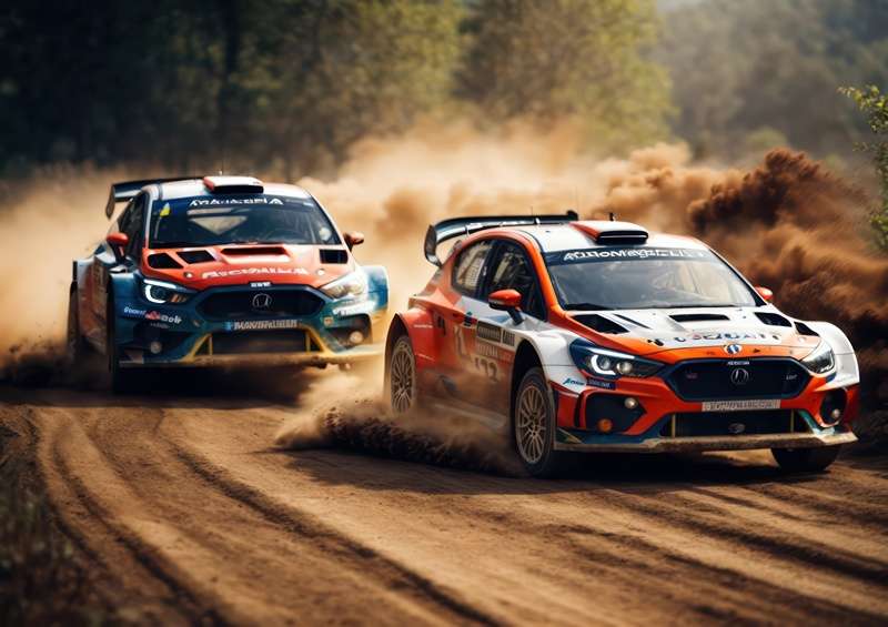 Pair of rally cars driving through mud | Metal Poster