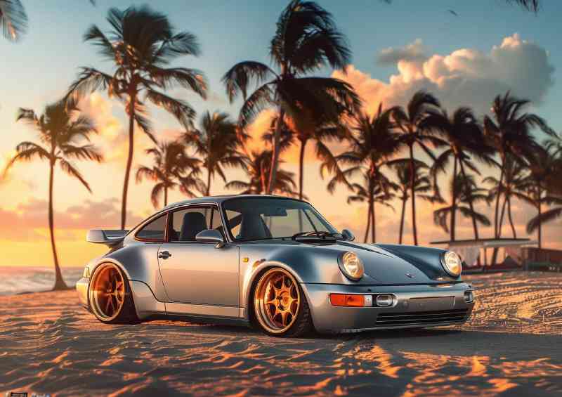 Porsche 964 widebody parked on the sand | Poster