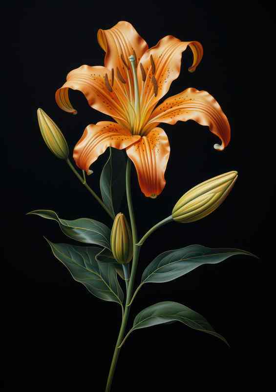 orange lily with green leaves and black background | Poster