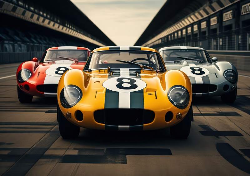 Race day yellow red and sliver cars on the track | Poster